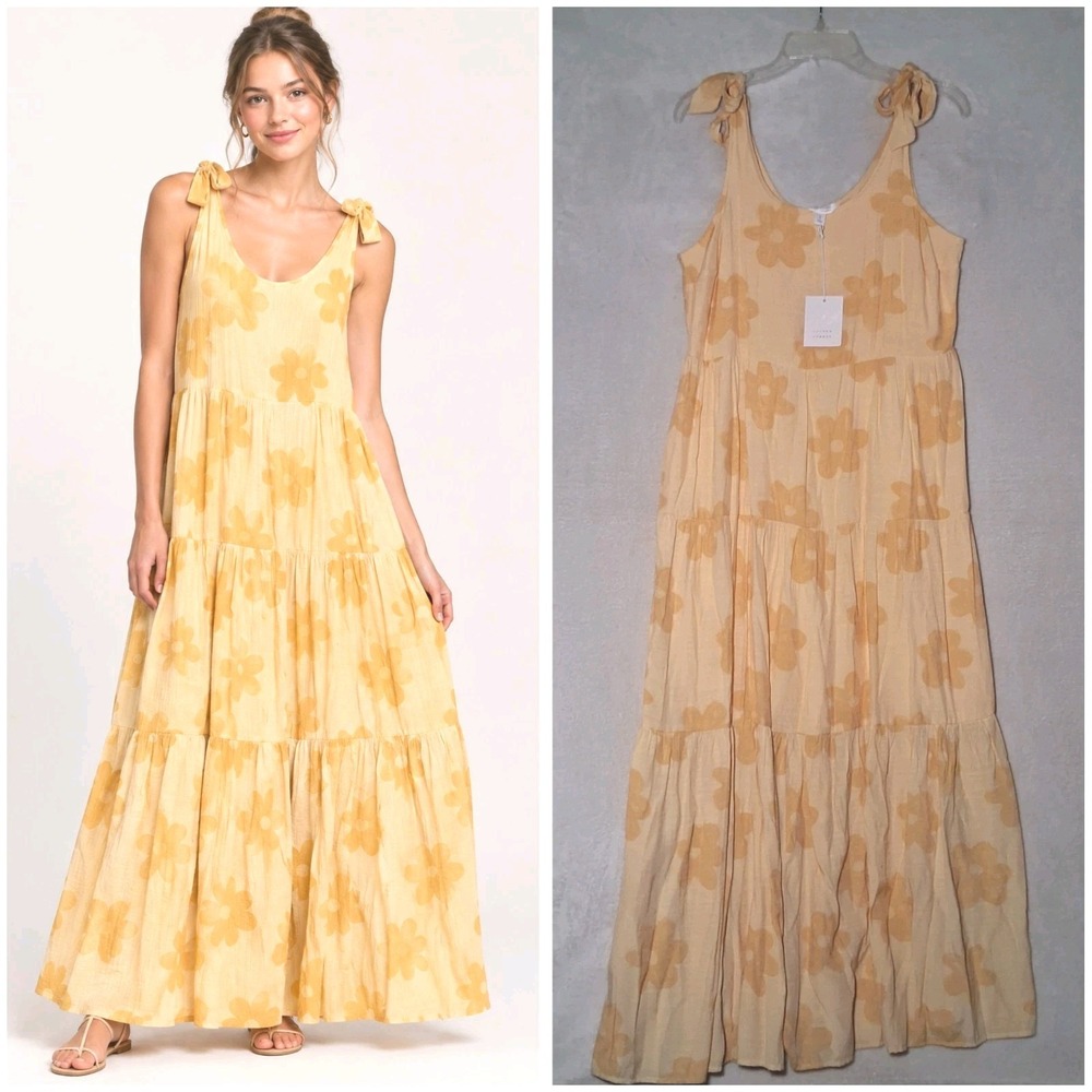 LC Lauren Conrad Knot Strap Tiered Maxi Sundress Buttery Soft Yellow Floral - S